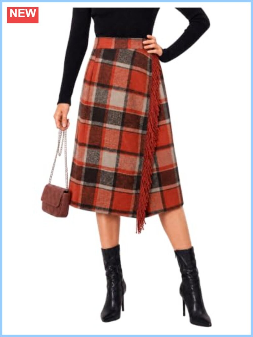 Plaid Wrap Midi Skirt A-Line Fringe Wool Blend